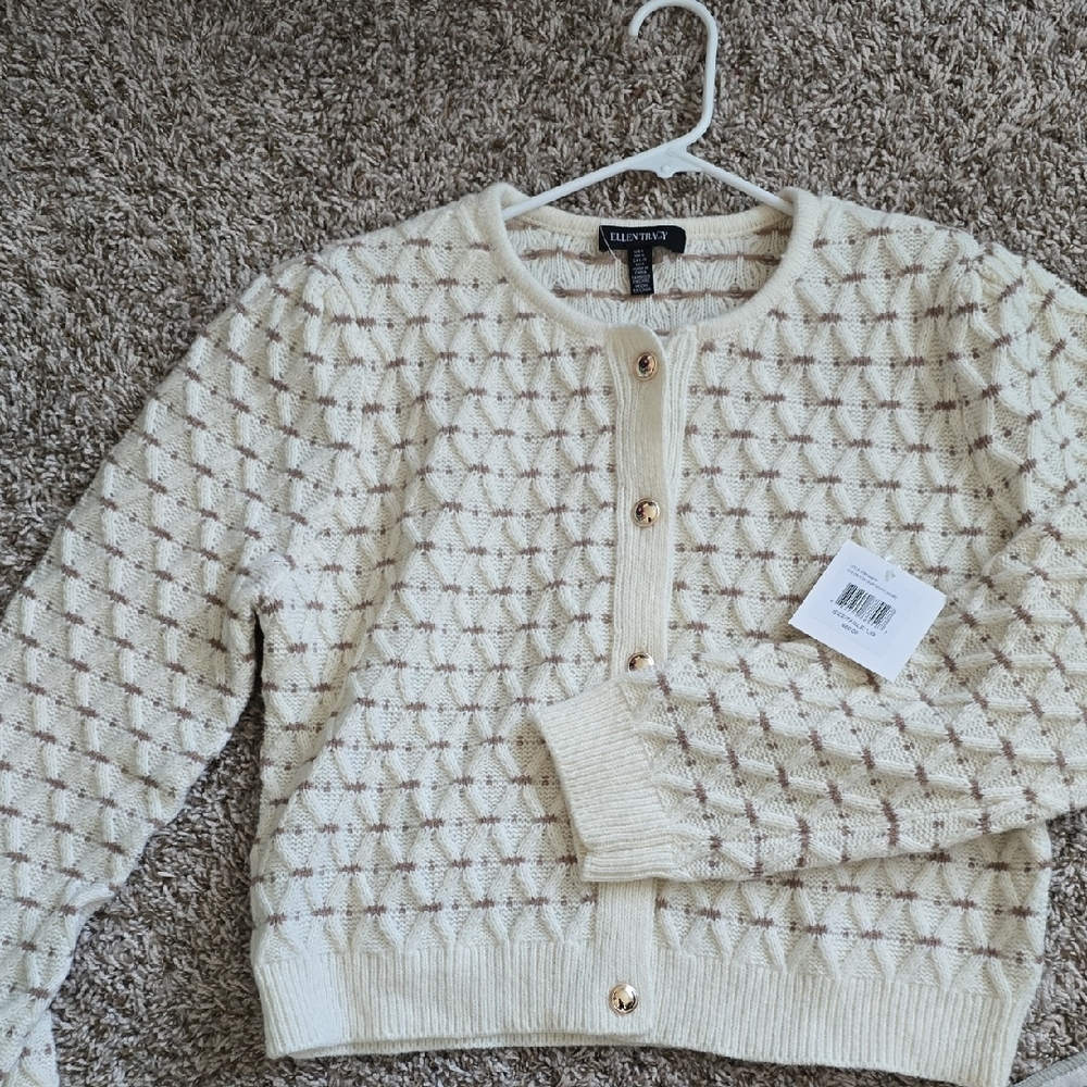 Ellen Tracy Women's Cream and Brown Patterned Cardigan